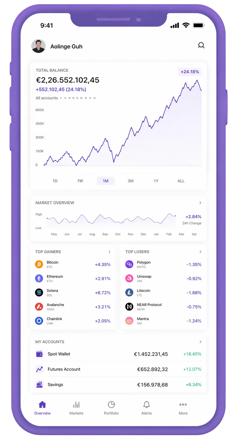Crestofarix mobile app showing portfolio overview
